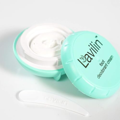 Applying Lavilin Foot Deodorant Cream to the sole for odor control.