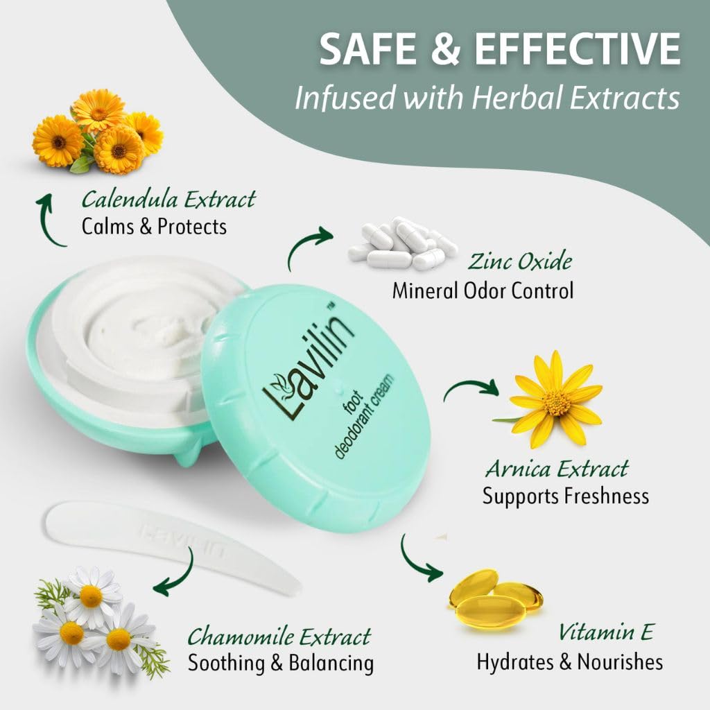 Lavilin cream beside shoes to reduce perspiration odor.