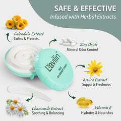 Lavilin cream beside shoes to reduce perspiration odor.