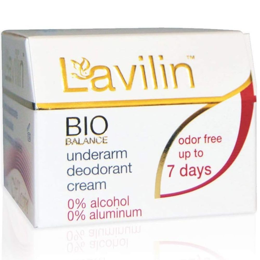 Lavilin underarm deodorant cream jar shown, compact travel-size.
