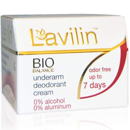 Lavilin underarm deodorant cream jar shown, compact travel-size.