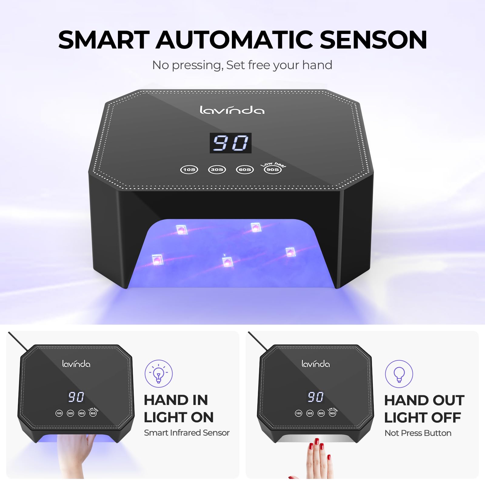 Lavinda 54W UV LED Nail Lamp with four timers for quick touches and long cures.