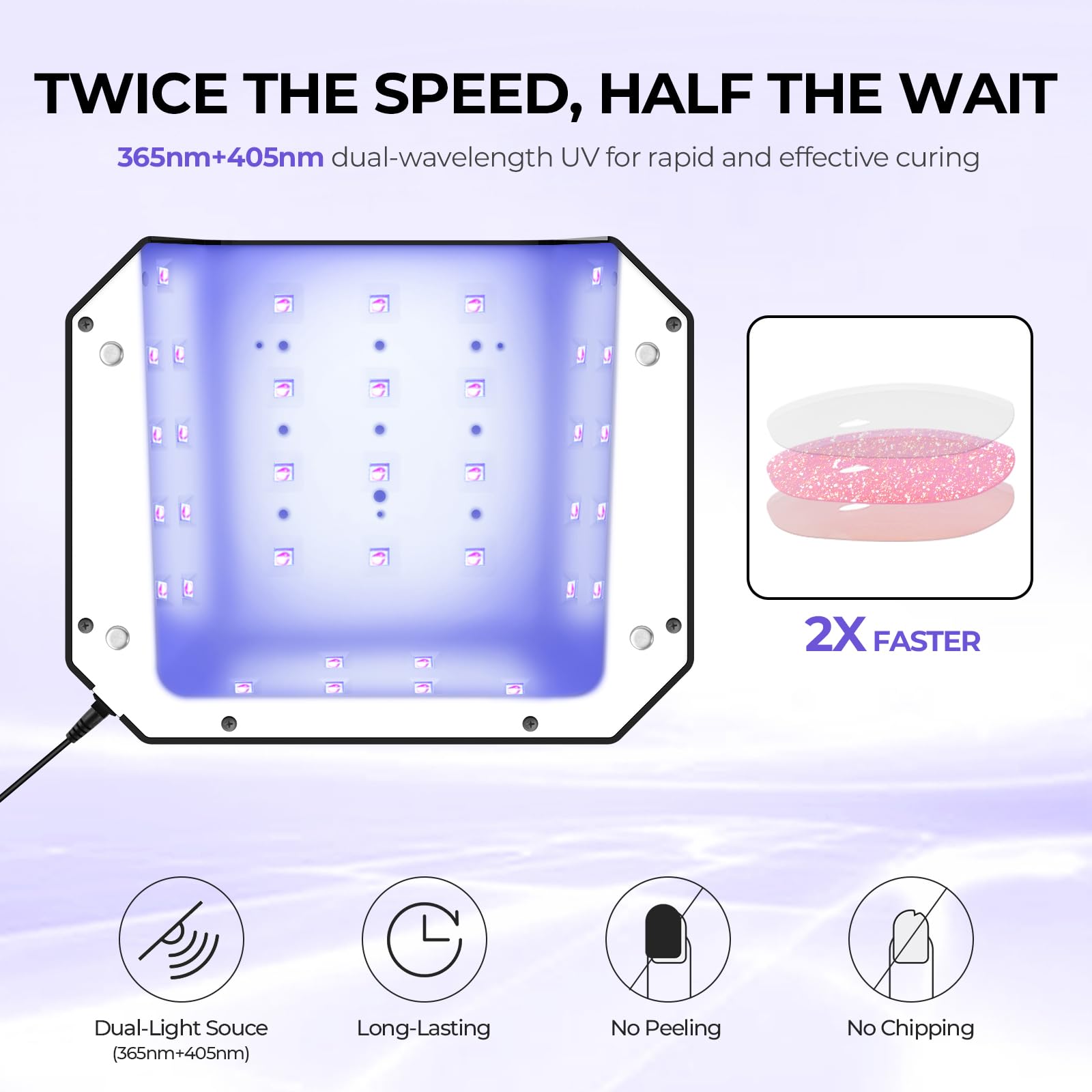 Lavinda dual-wavelength lamp delivers 365nm and 405nm light for versatile gel polishes.