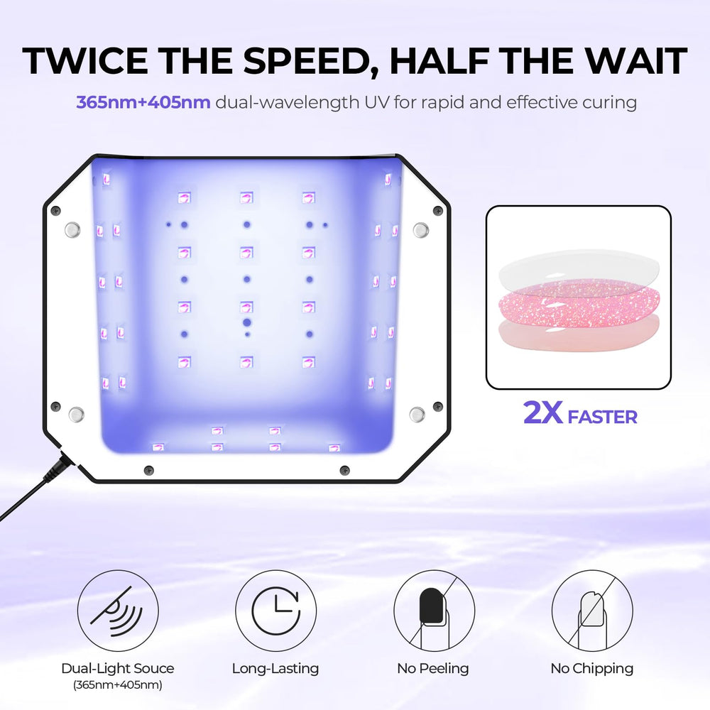 Lavinda dual-wavelength lamp delivers 365nm and 405nm light for versatile gel polishes.