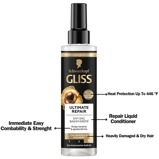 Lavis Gliss Ultimate Repair Conditioner Spray close-up highlighting Liquid Keratin for stronger, smoother hair