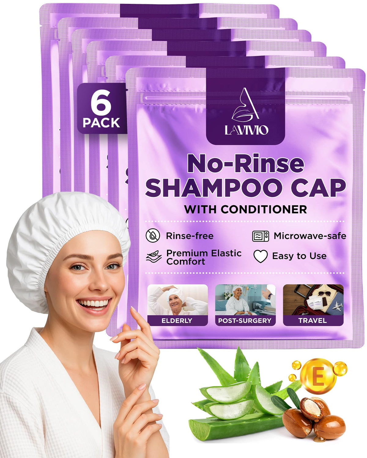 LAVIVIO No Rinse Shampoo Cap pack for bedside care supports convenient waterless cleansing.