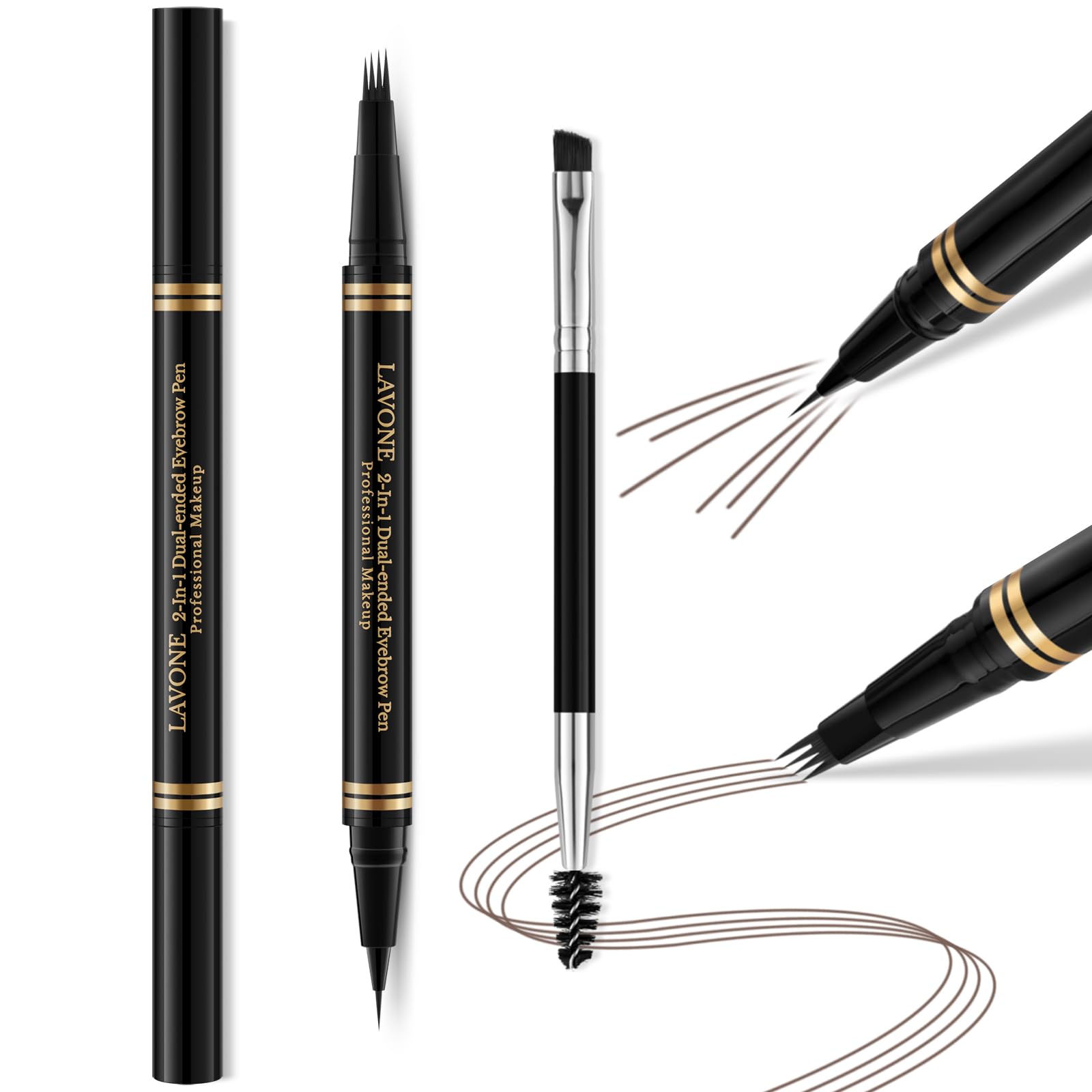 LAVONE eyebrow pen with 4-tip microblade creating natural hair-like strokes.