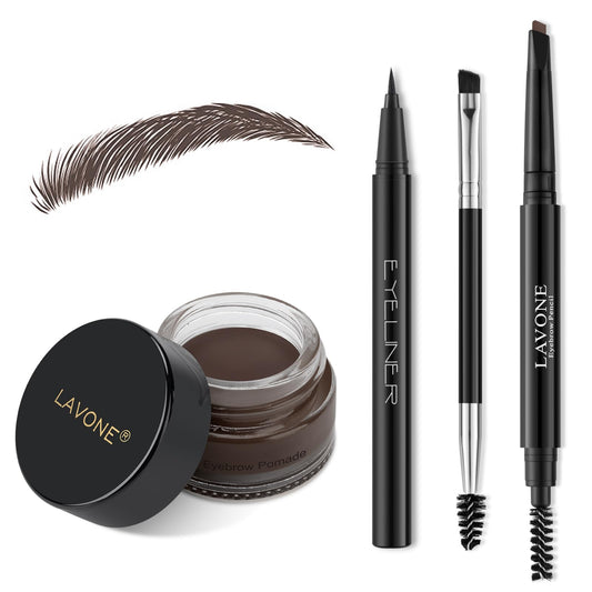 LAVONE eyebrow stamp kit in dark coffee shows precise brow definition for lasting hold.
