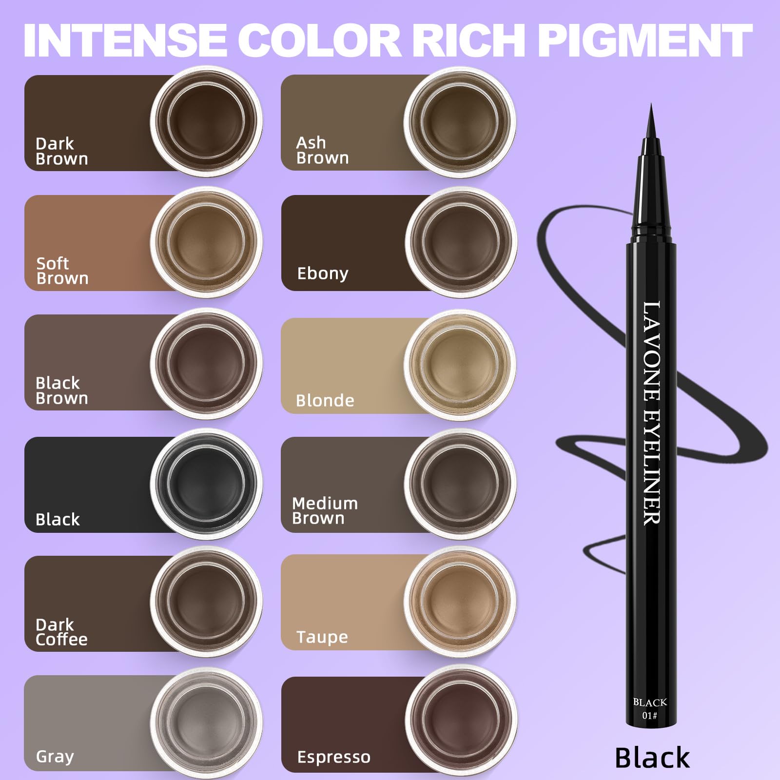 LAVONE liquid eyeliner pencil provides precise lines for sharp wings and bold looks.