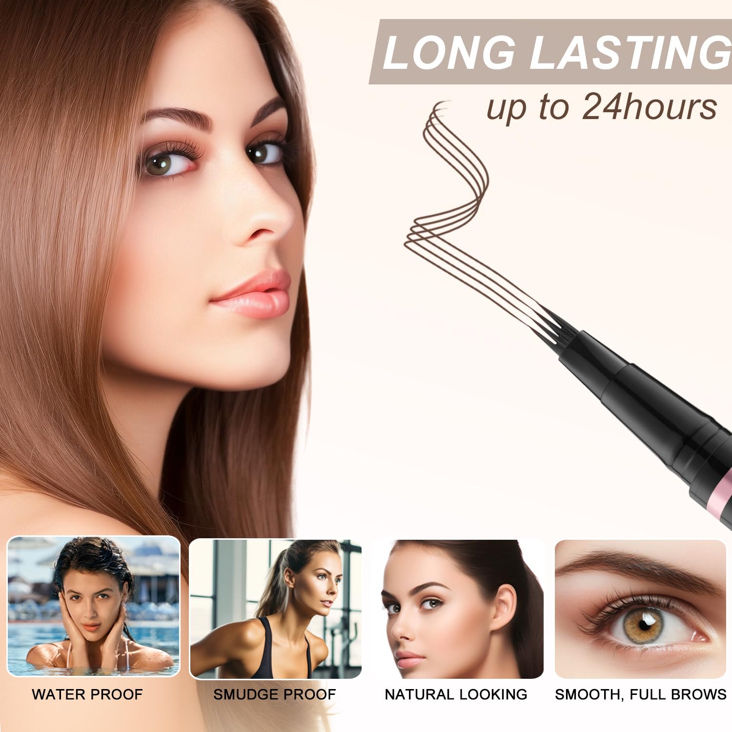 LAVONE waterproof brow pen delivers smudge-proof color throughout the day.