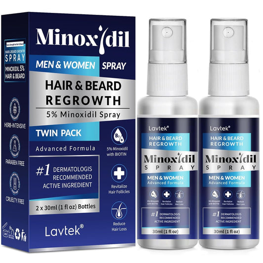Lavtek 5% Minoxidil spray bottle focused on thinning areas for improved appearance