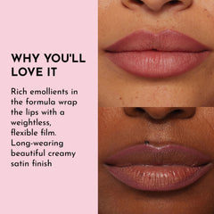 All-day wear demonstrated with a weightless film for comfortable lip definition.