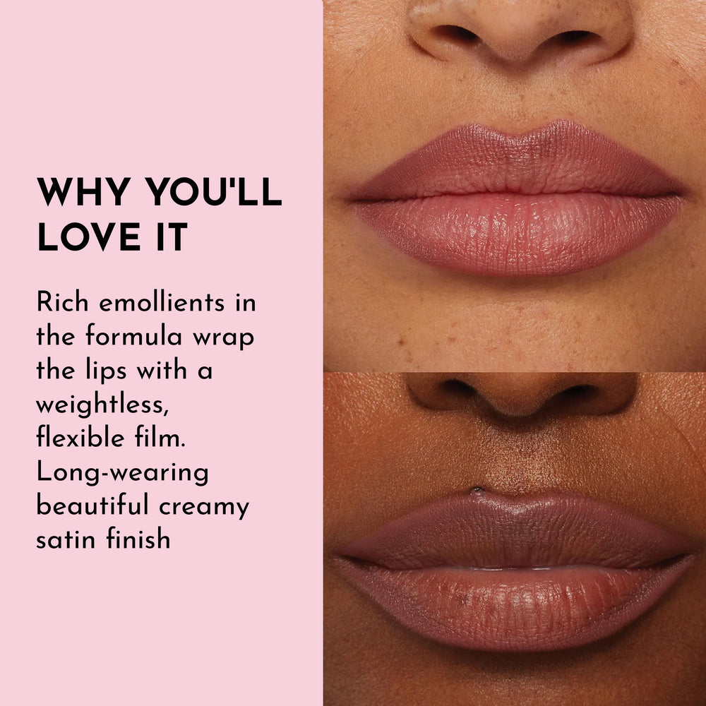 Long-wearing satin finish shown with Lawless Definer Liner in Honey Rose.