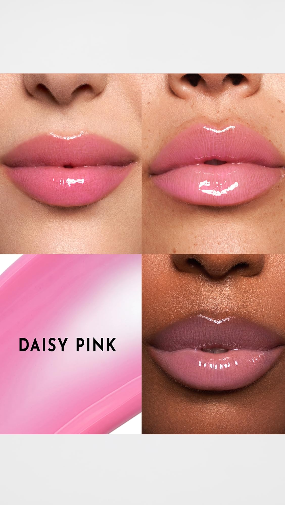 Lawless Daisy Pink lip gloss on lips with long-lasting shine