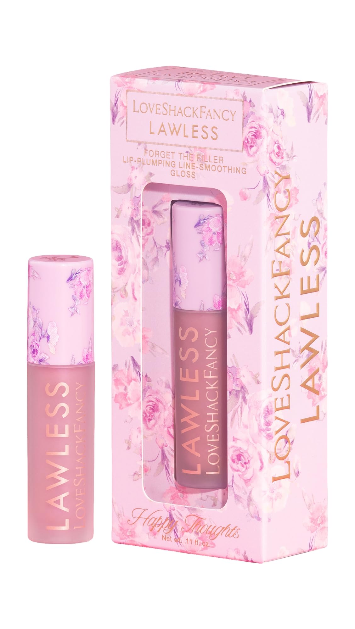 Lawless Forget The Filler gloss in Happy Thoughts pink, shiny hydration for lips.
