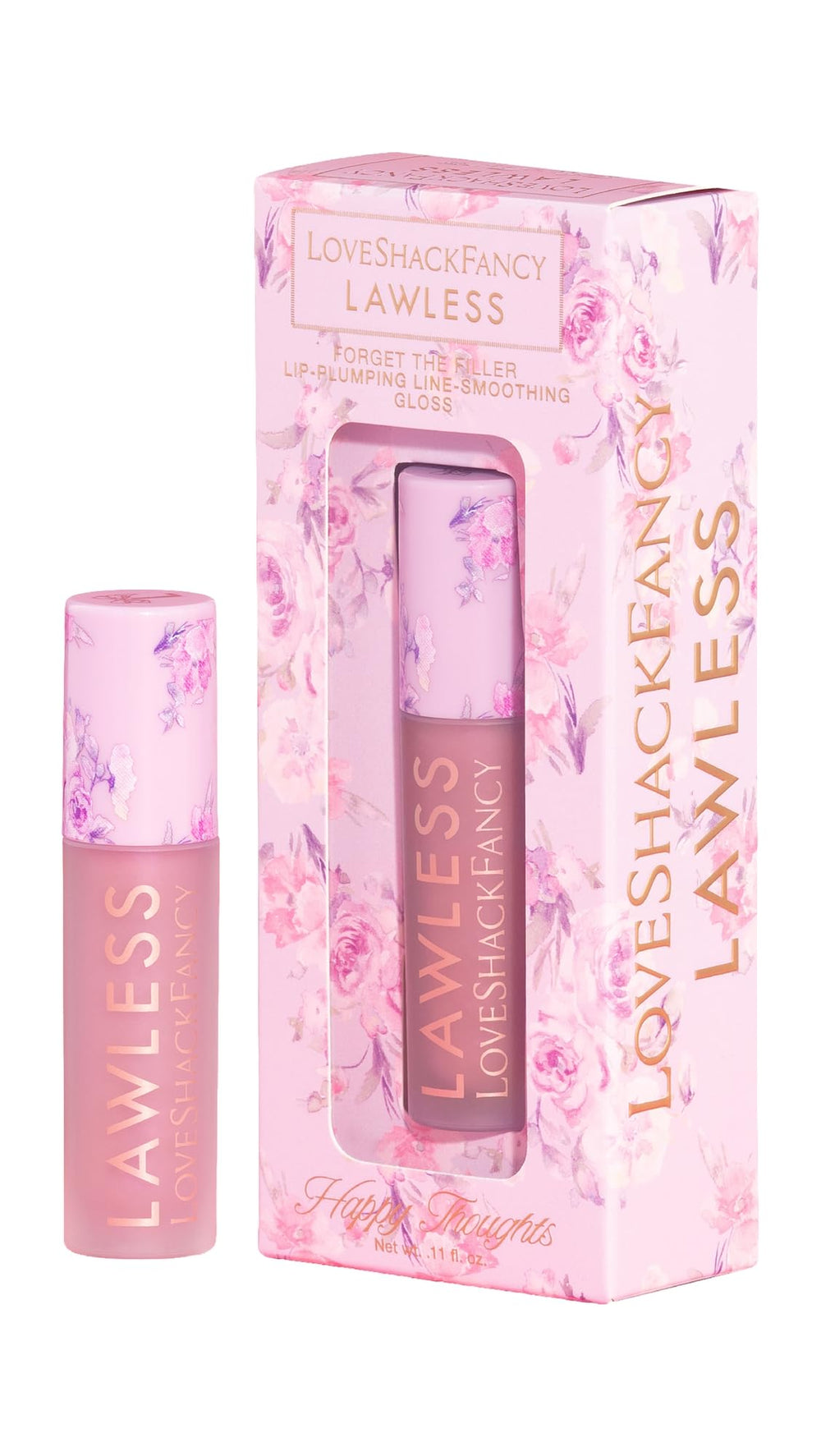 Lawless Forget The Filler gloss in Happy Thoughts pink, shiny hydration for lips.
