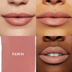 Side view of swatched Lawless lipstick reveals even color and plump-looking finish