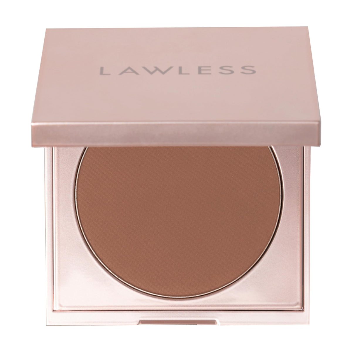 Lawless talc-free powder in deep shade; close-up shows silky, natural finish.