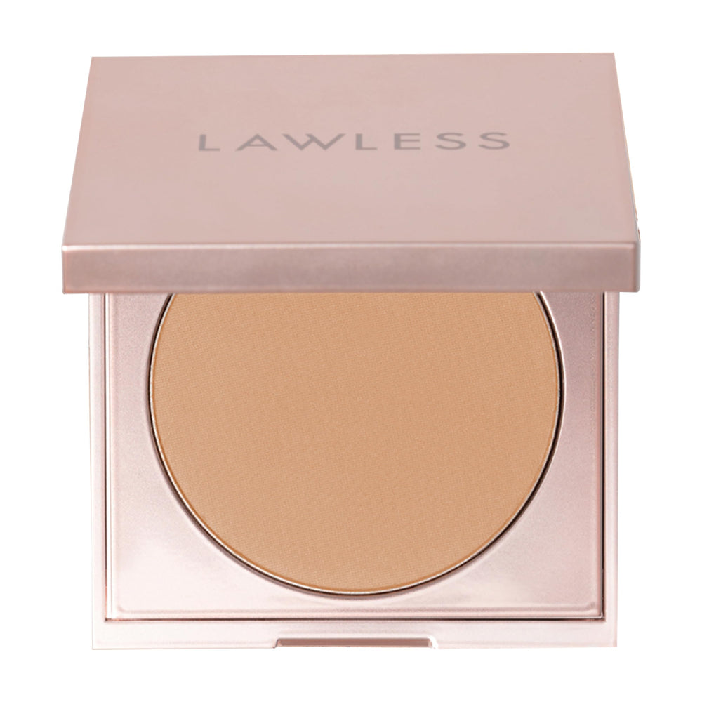 LAWLESS talc-free skin smoothing powder bottle demonstrates oil control with a natural finish.