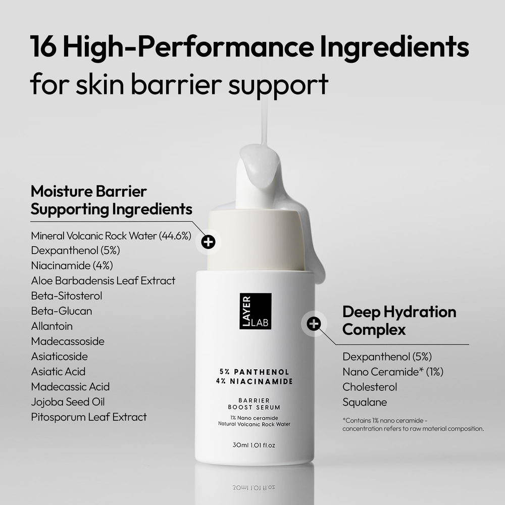 LAYERLAB Barrier Boost Serum panthenol illustration highlighting calming care.