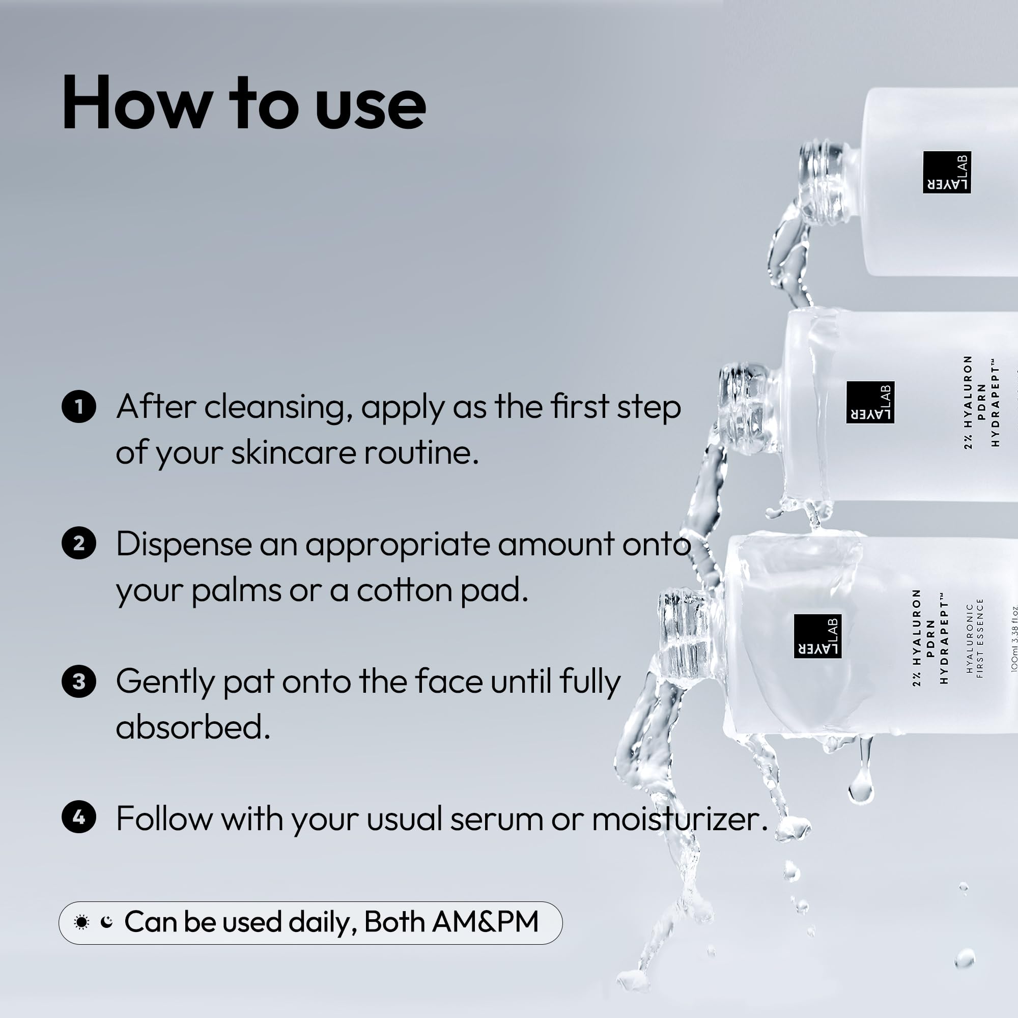 LayerLab Hyaluronic First Essence on skin demonstrates instant hydration with no stickiness.