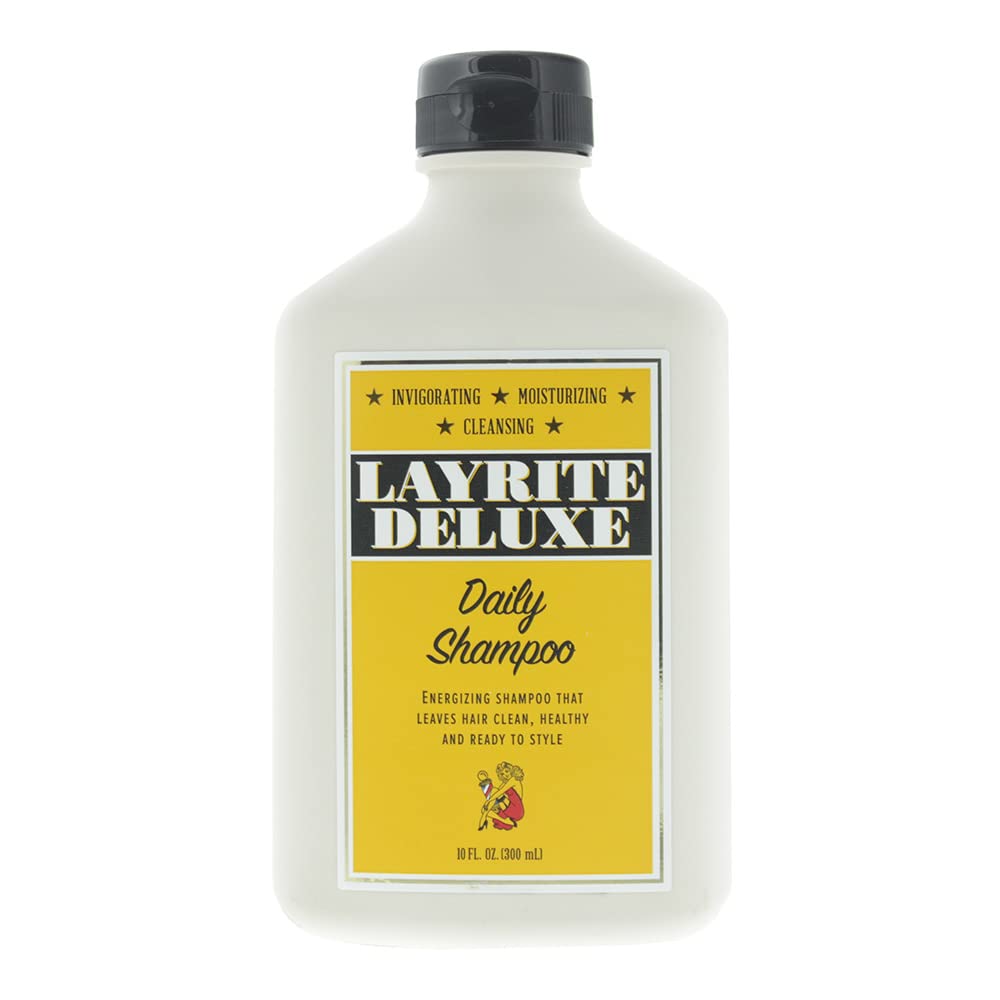 Layrite Daily Shampoo bottle pour shows cleansing action for refreshed, easy-to-style hair