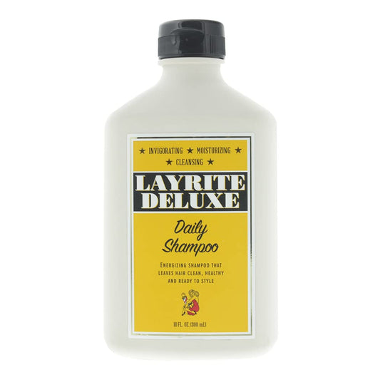 Layrite Daily Shampoo bottle pour shows cleansing action for refreshed, easy-to-style hair