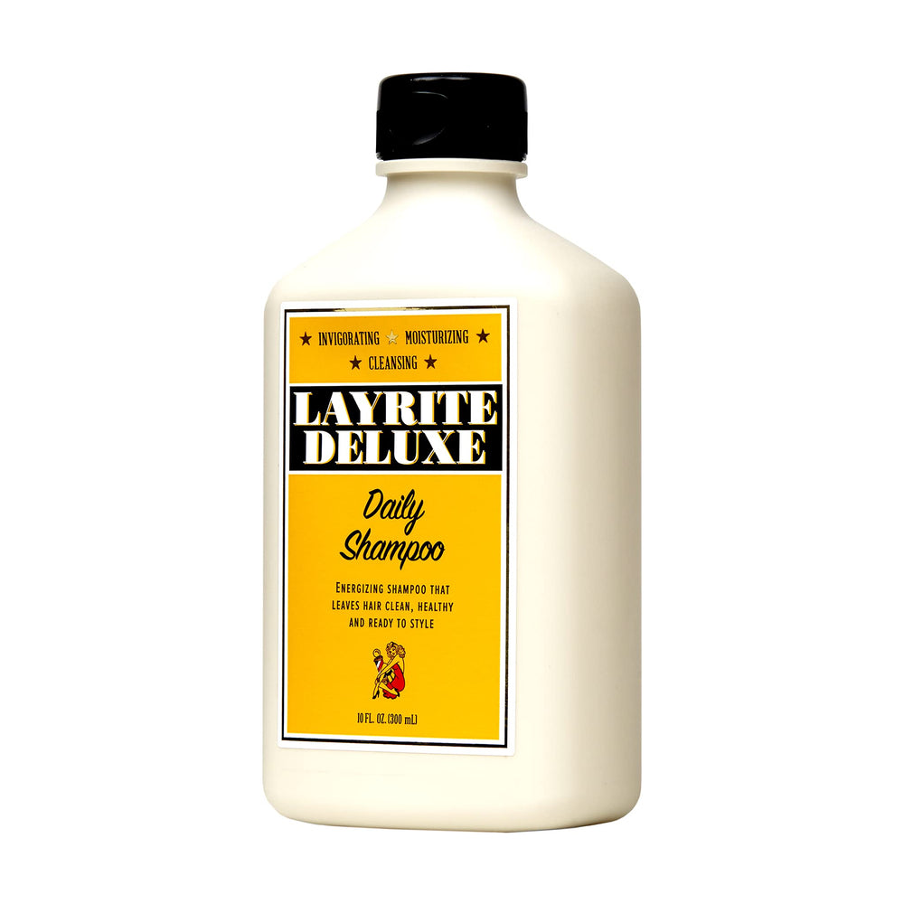 Layrite Daily Shampoo bottle highlights hemp and eucalyptus for soothed, balanced scalp