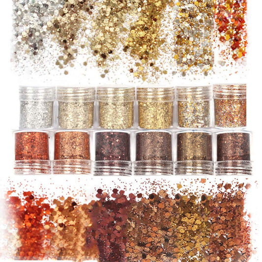 Laza Autumn Nail Glitter bottle close-up showing 12 colors for versatile nail art