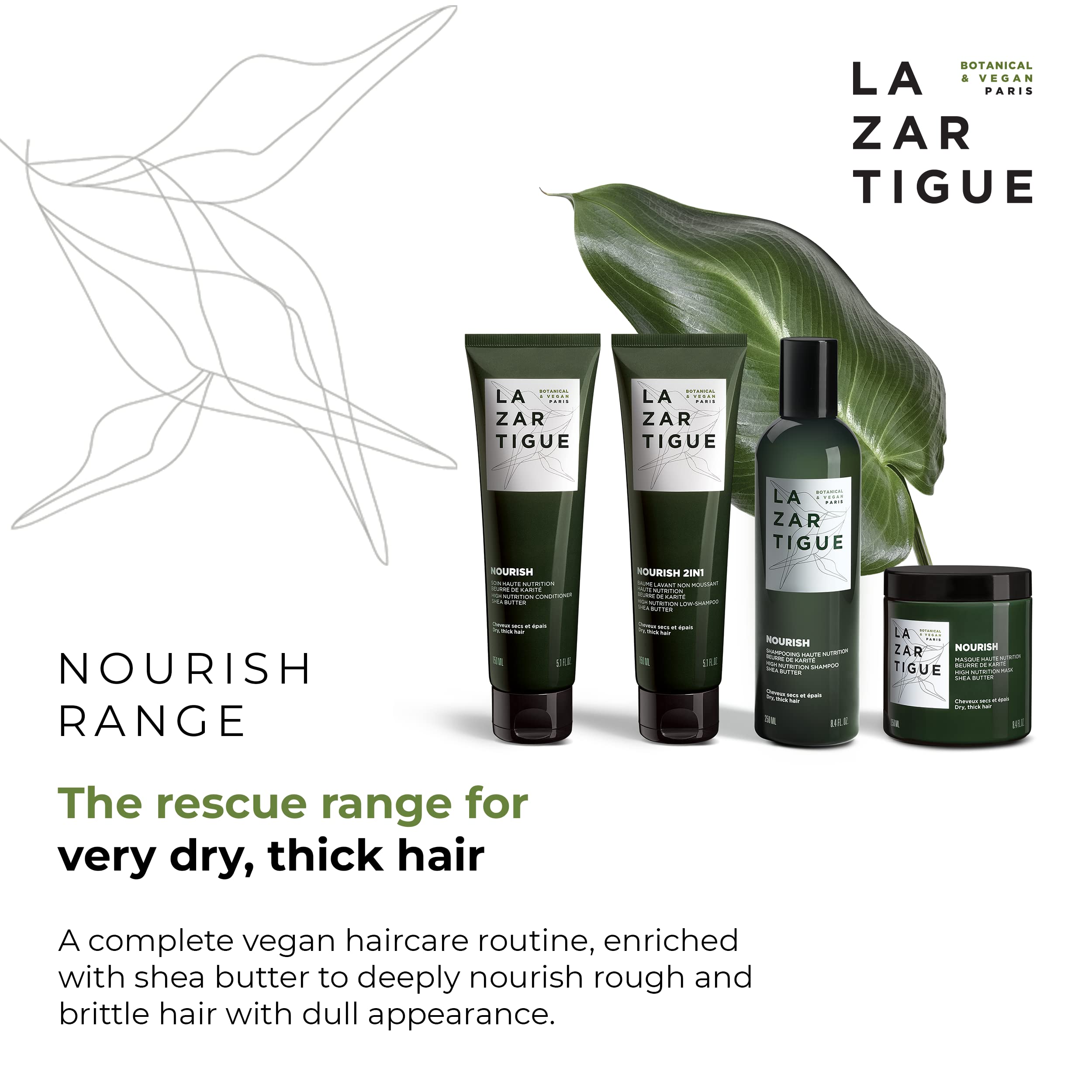 Lazartigue Nourish Shampoo vegan formula image, 93% naturally derived and silicone-free for gentle cleansing.