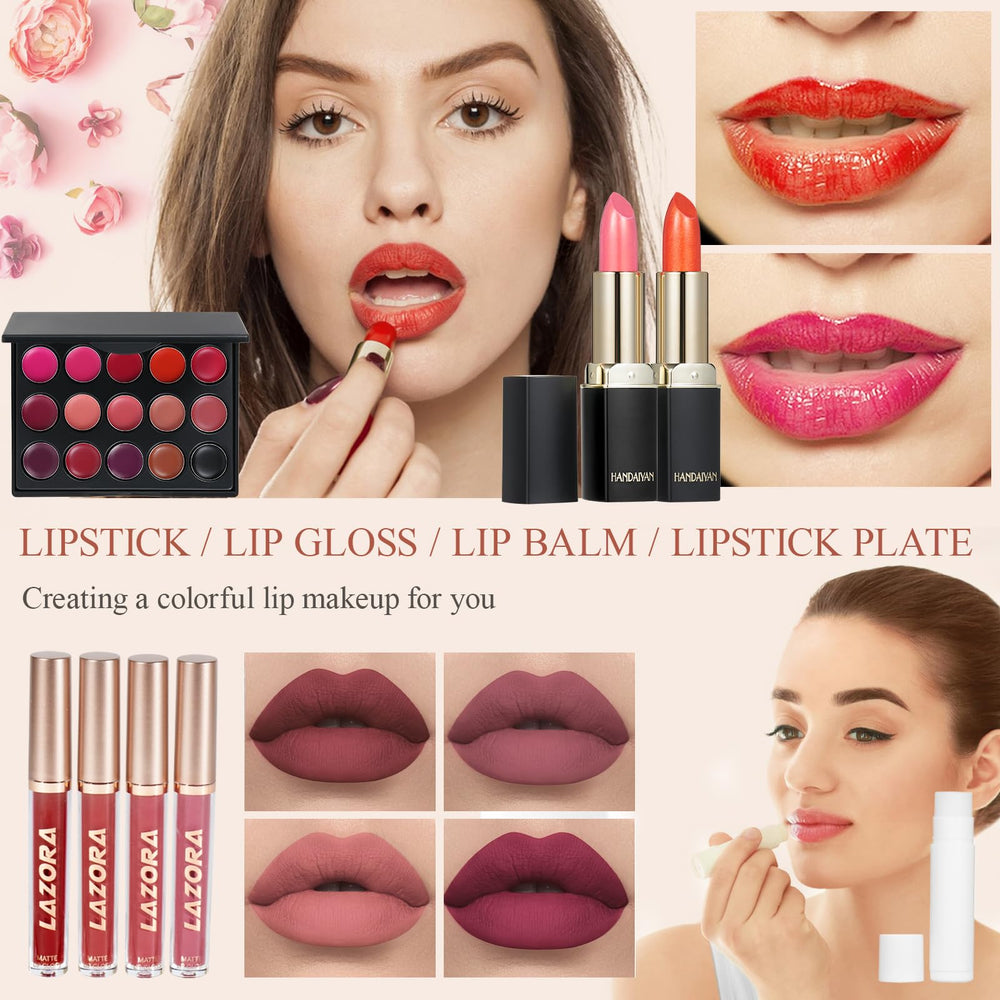 LAZORA lip collection featuring lipstick and gloss for bold or subtle finishes