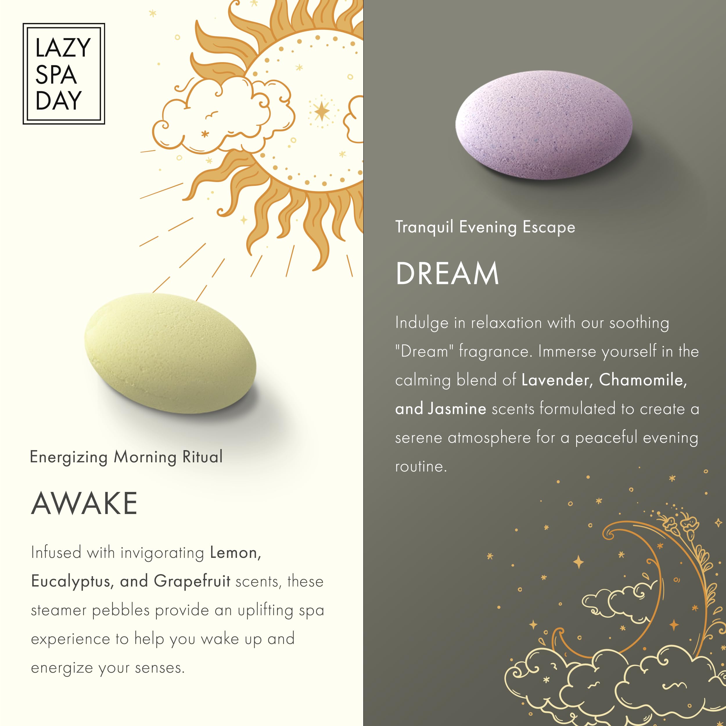 Awake pebble image with lemon, eucalyptus, and grapefruit for an uplifting shower.