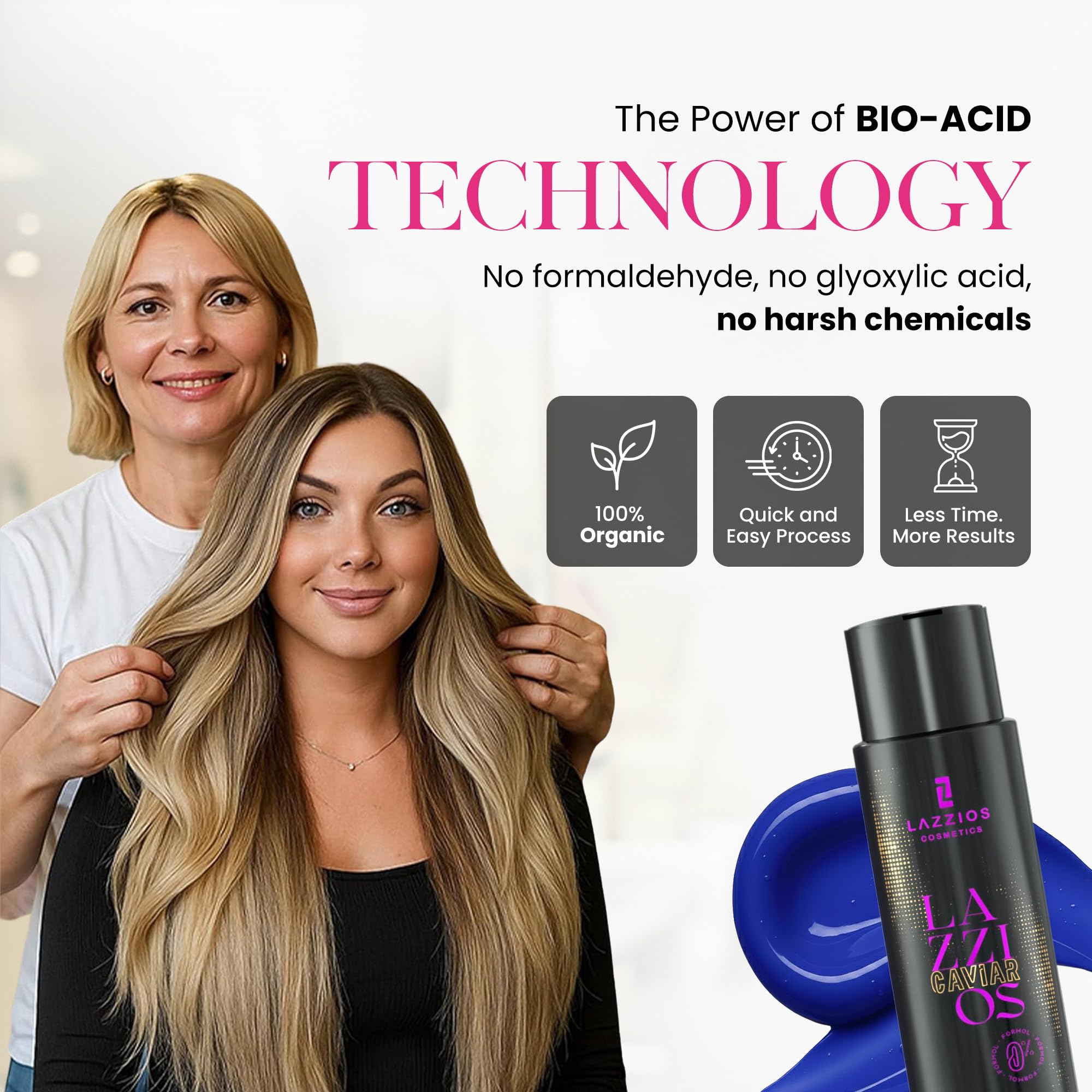 Professional stylist applying LAZZIOS treatment for smooth, frizz-free hair.