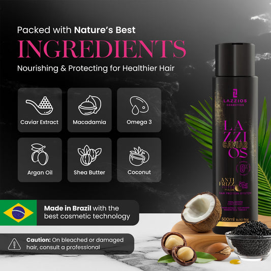 Close-up of LAZZIOS Caviar Organic Hair Protein bottle cap, highlighting formaldehyde-free formula.