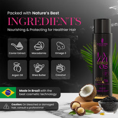 Close-up of LAZZIOS Caviar Organic Hair Protein bottle cap, highlighting formaldehyde-free formula.