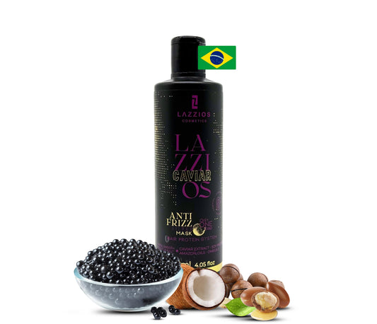 Lazzios Caviar Organic Hair Protein bottle pour for salon-grade smoothing at home.