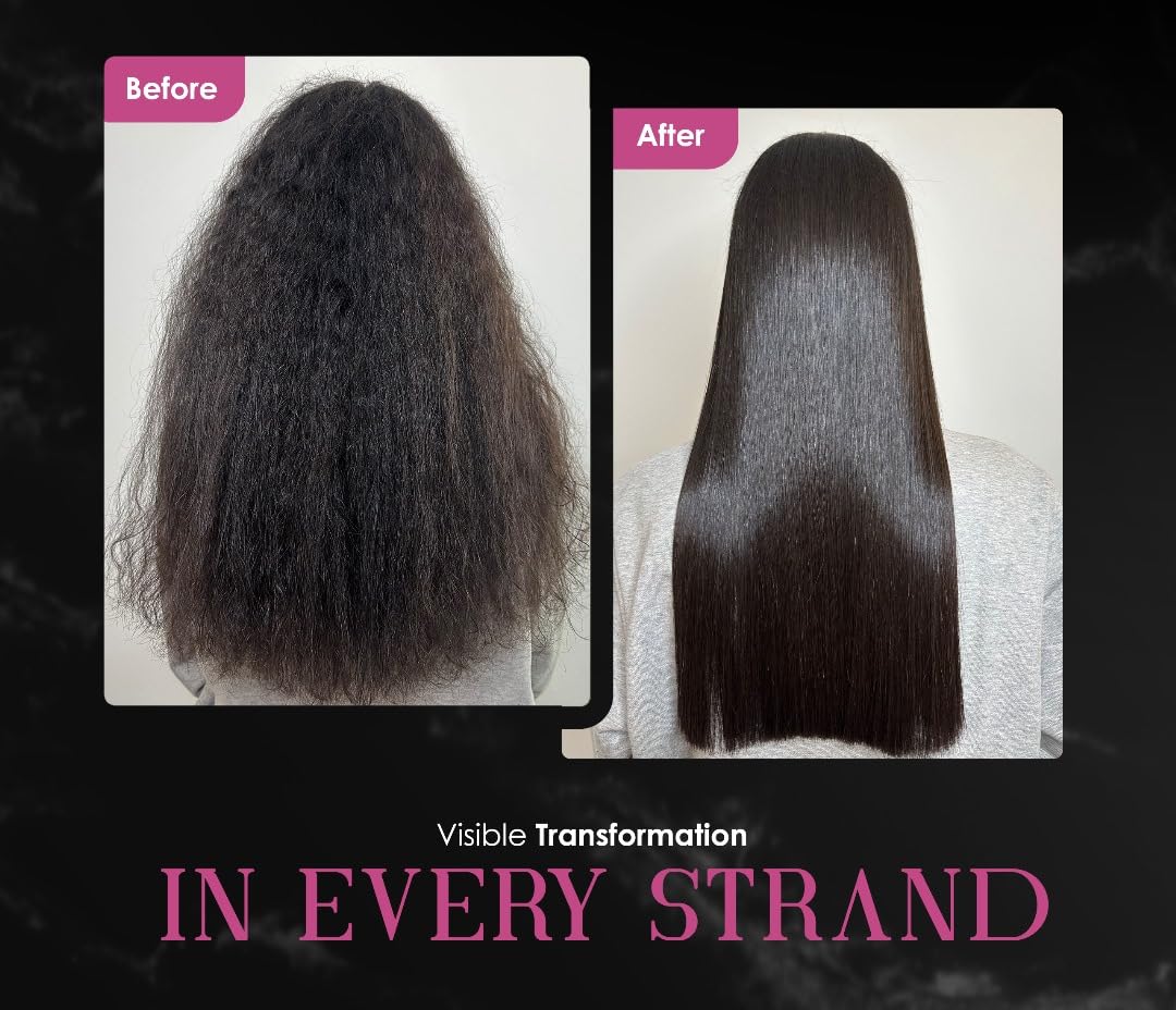 Lazzios Caviar Organic Hair Protein applied on hair before and after for frizz control.