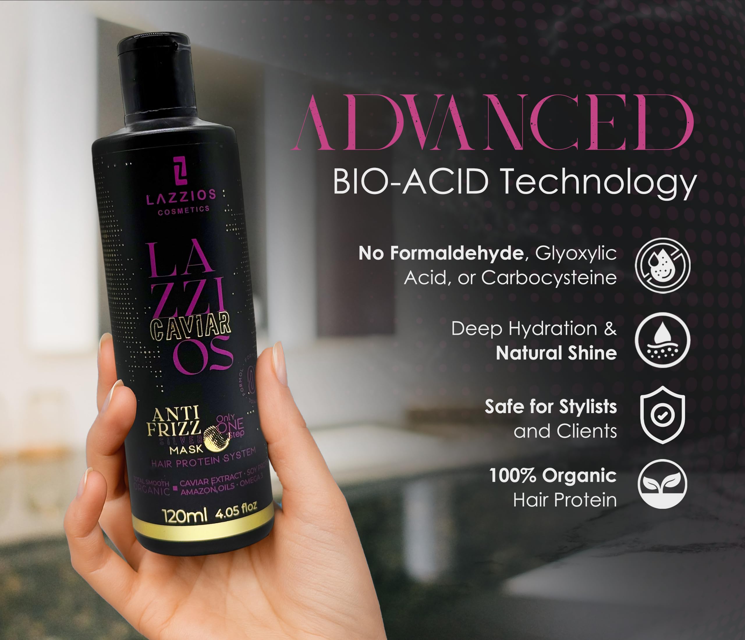 Lazzios Caviar Organic Hair Protein label close-up emphasizing healthful benefits.