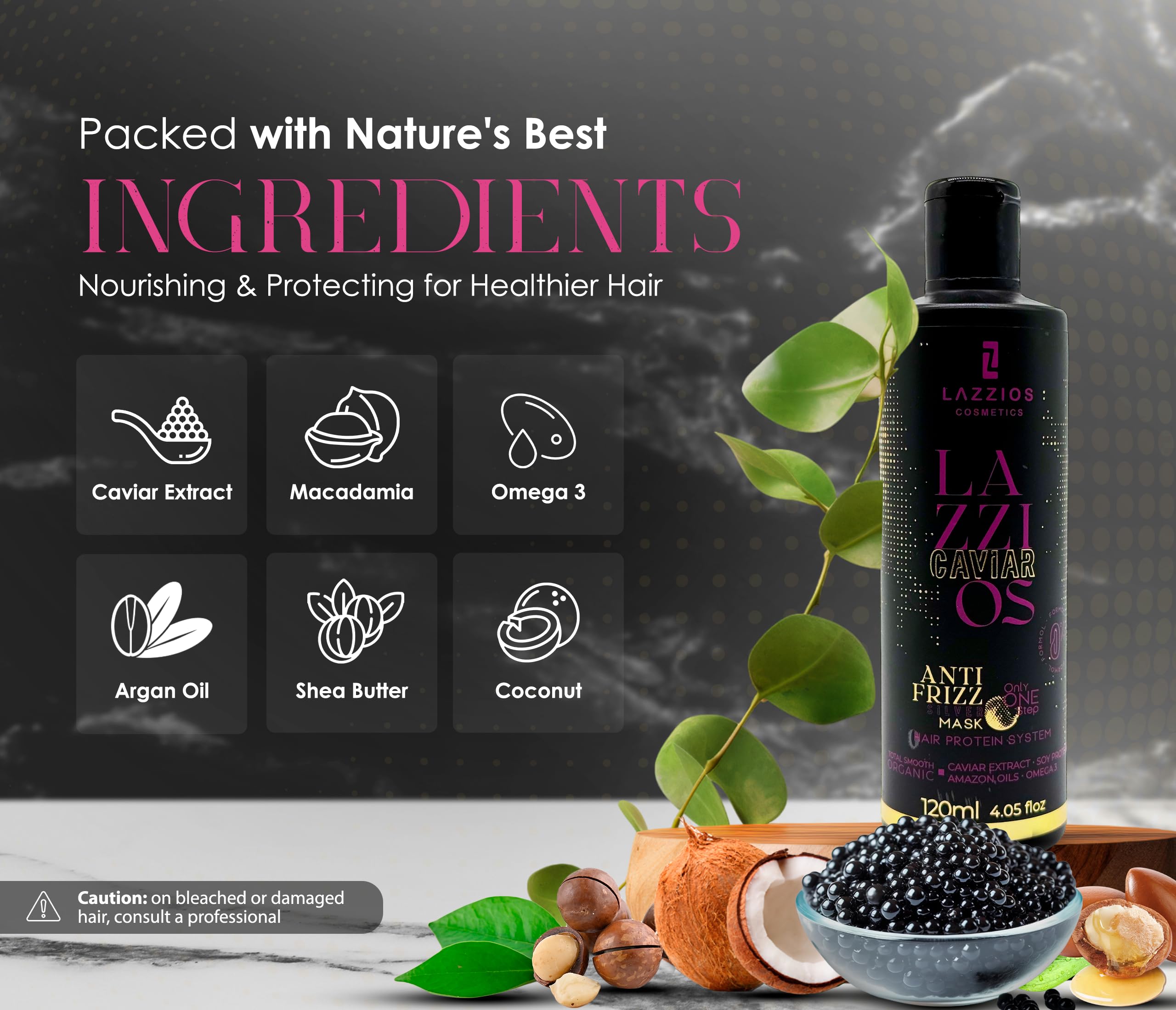Lazzios Caviar Organic Hair Protein packaging highlighting formaldehyde-free formula.