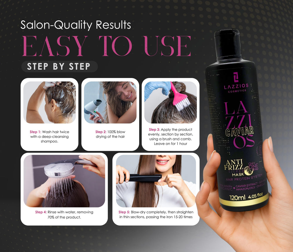 Lazzios Caviar Organic Hair Protein salon station setup promoting professional results.