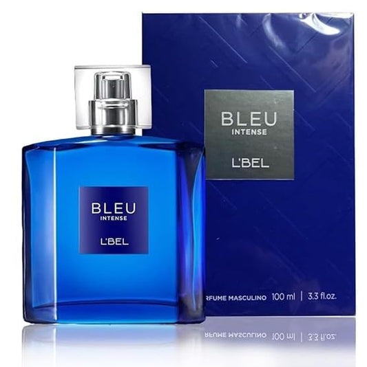 L'Bel BLEU INTENSE bottle side view, emphasizing rugged masculine styling.