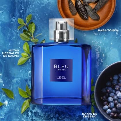 Close-up of L'Bel BLEU INTENSE cap and packaging detail.