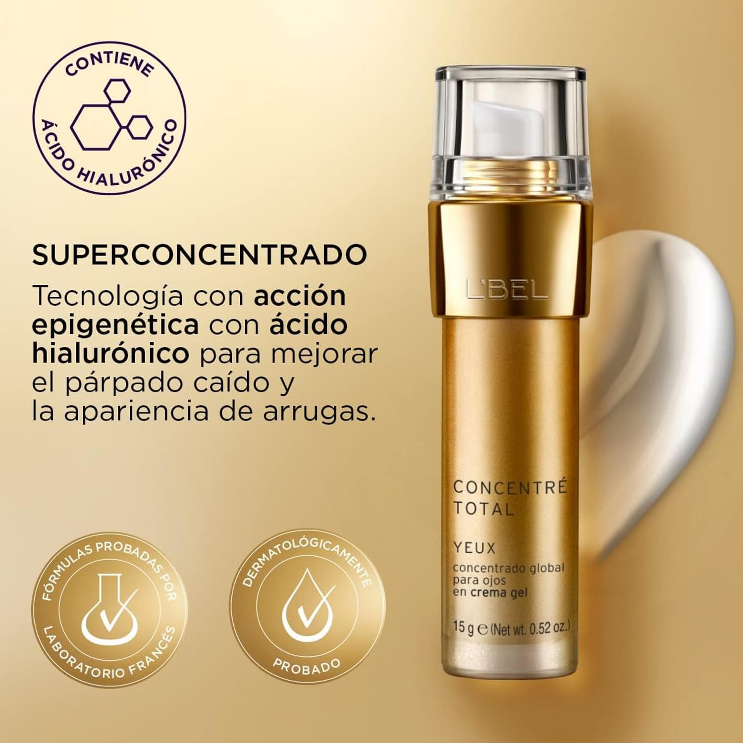 L'Bel Concentré Total Eye Cream demonstrates eye-area coverage for upper and lower lids.