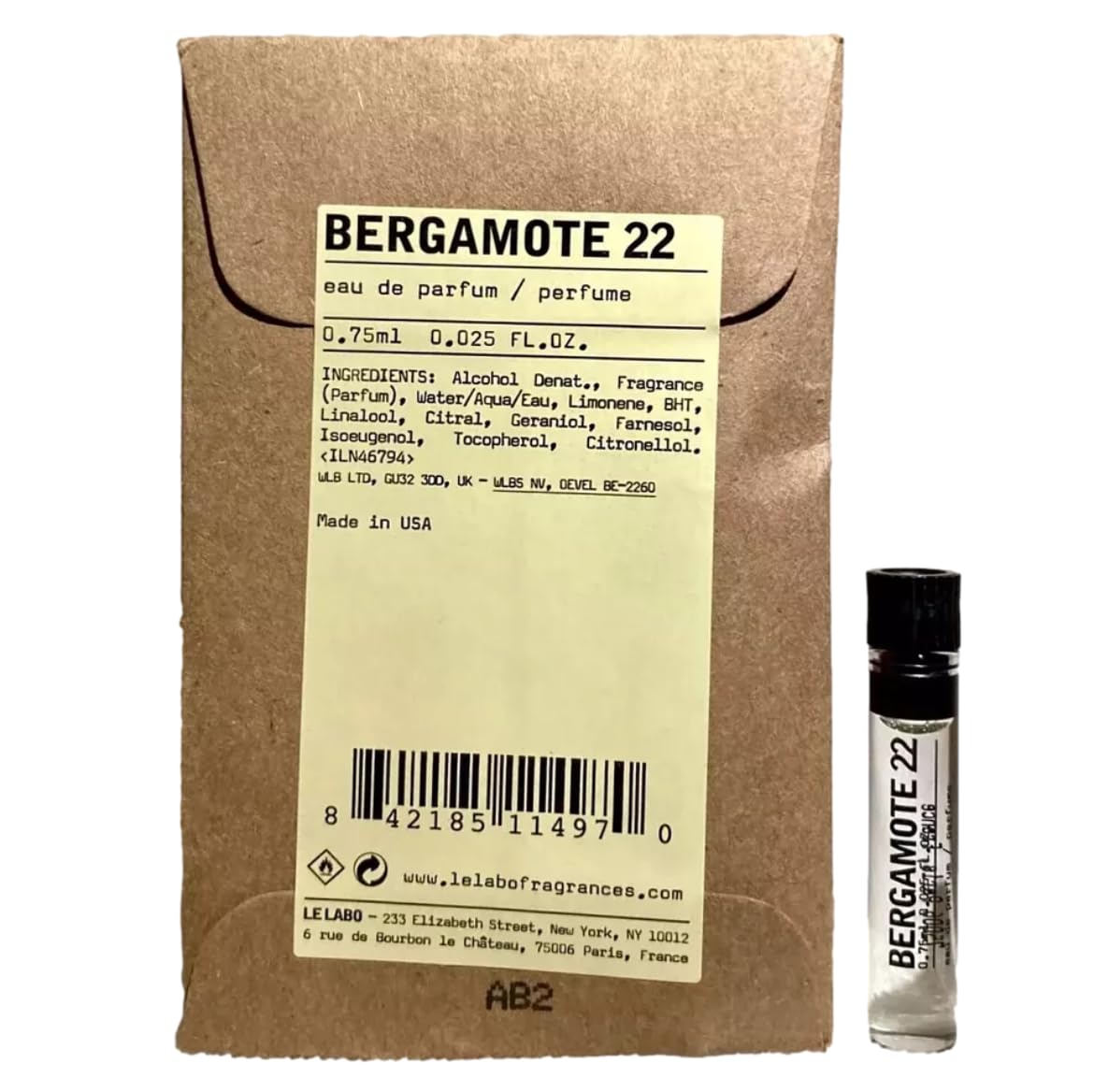 Le Labo Bergamot 22 bottle close-up with label and cap, premium presentation.