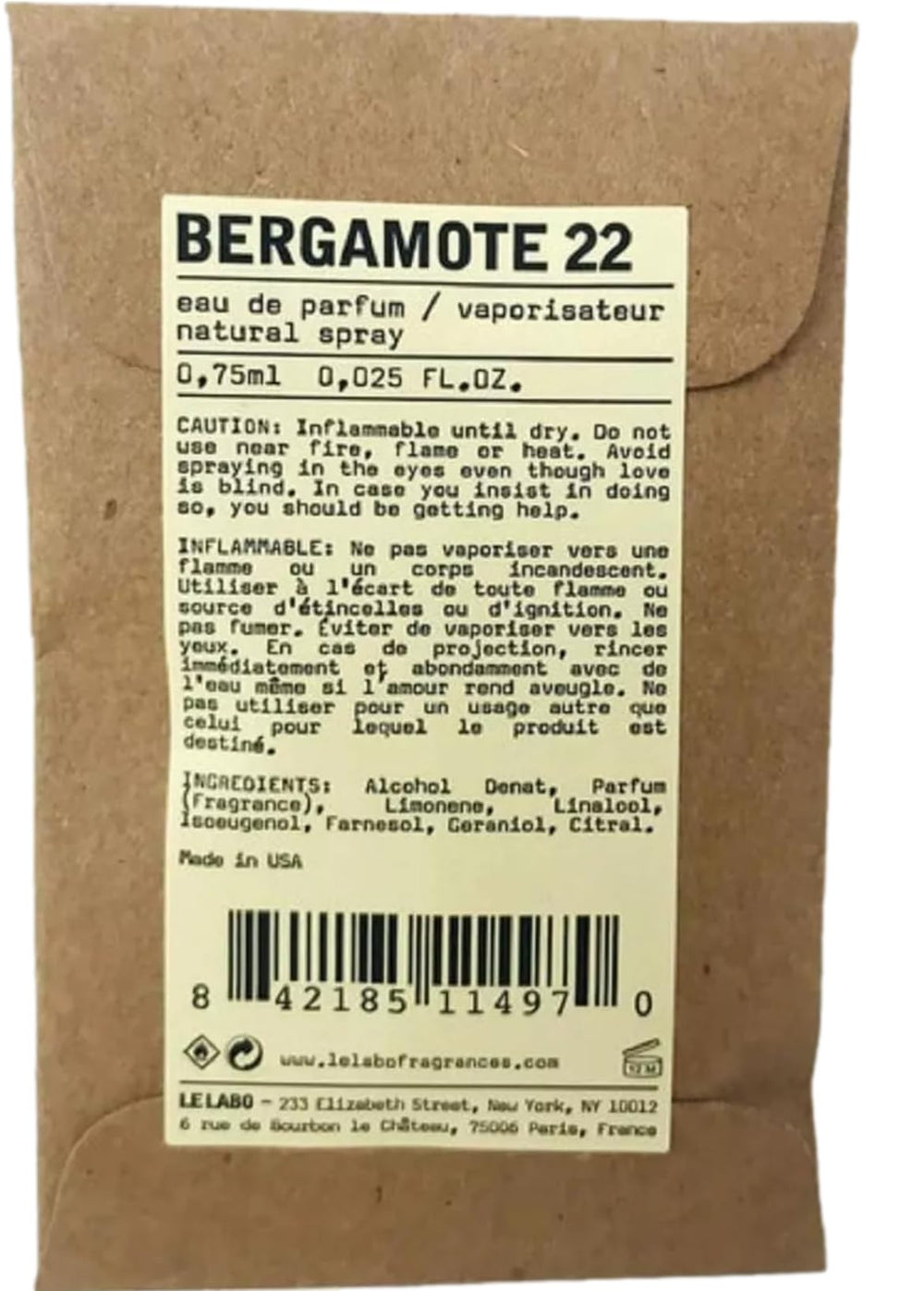 Le Labo Bergamot 22 mini vial front highlights travel-friendly sampling.