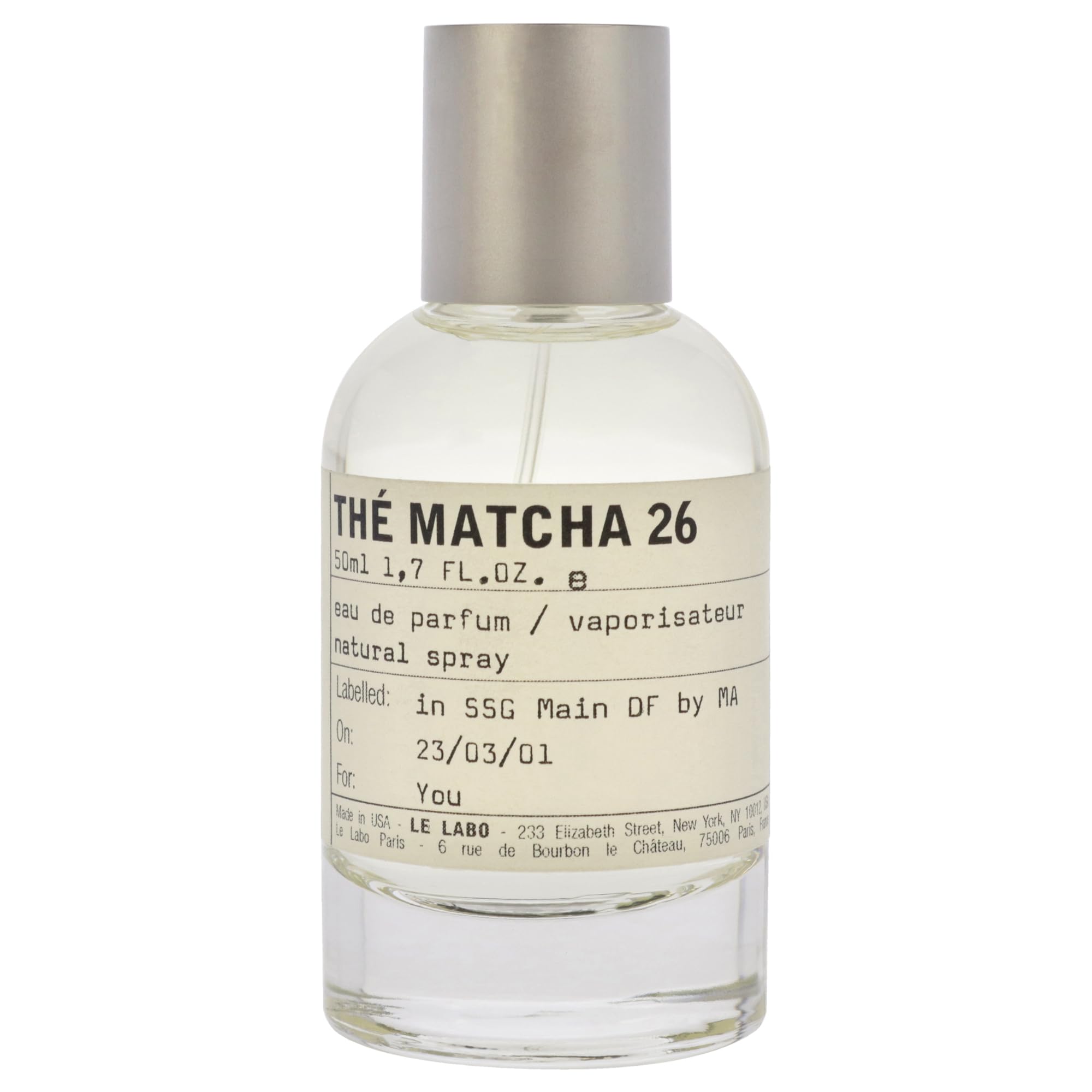 Le Labo The Matcha 26 bottle at an angle, suggesting unisex appeal.