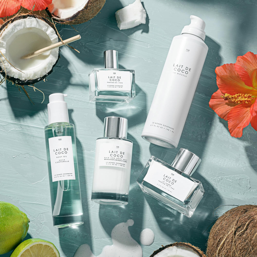 Le Monde Gourmand Coconut Milk Perfume Oil applied on collarbone and shoulders