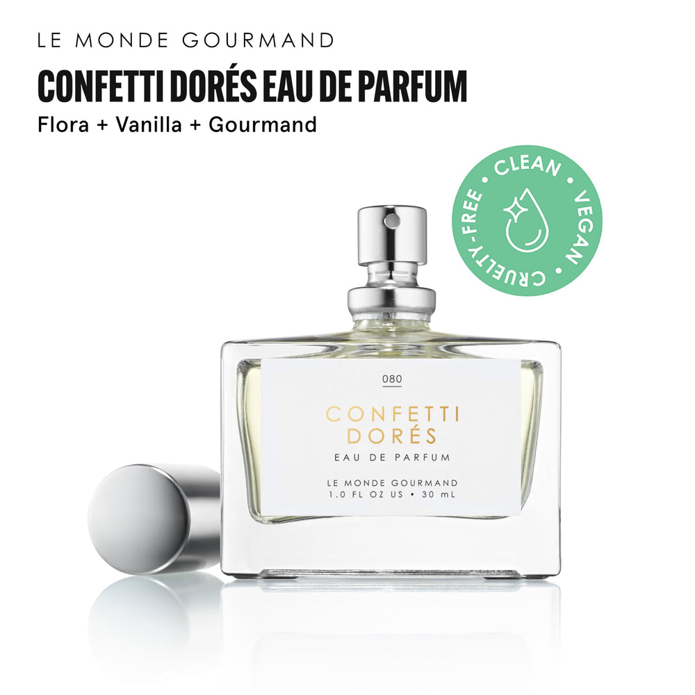 Le Monde Gourmand Confetti Dore focuses on vanilla and rose birthday cake.