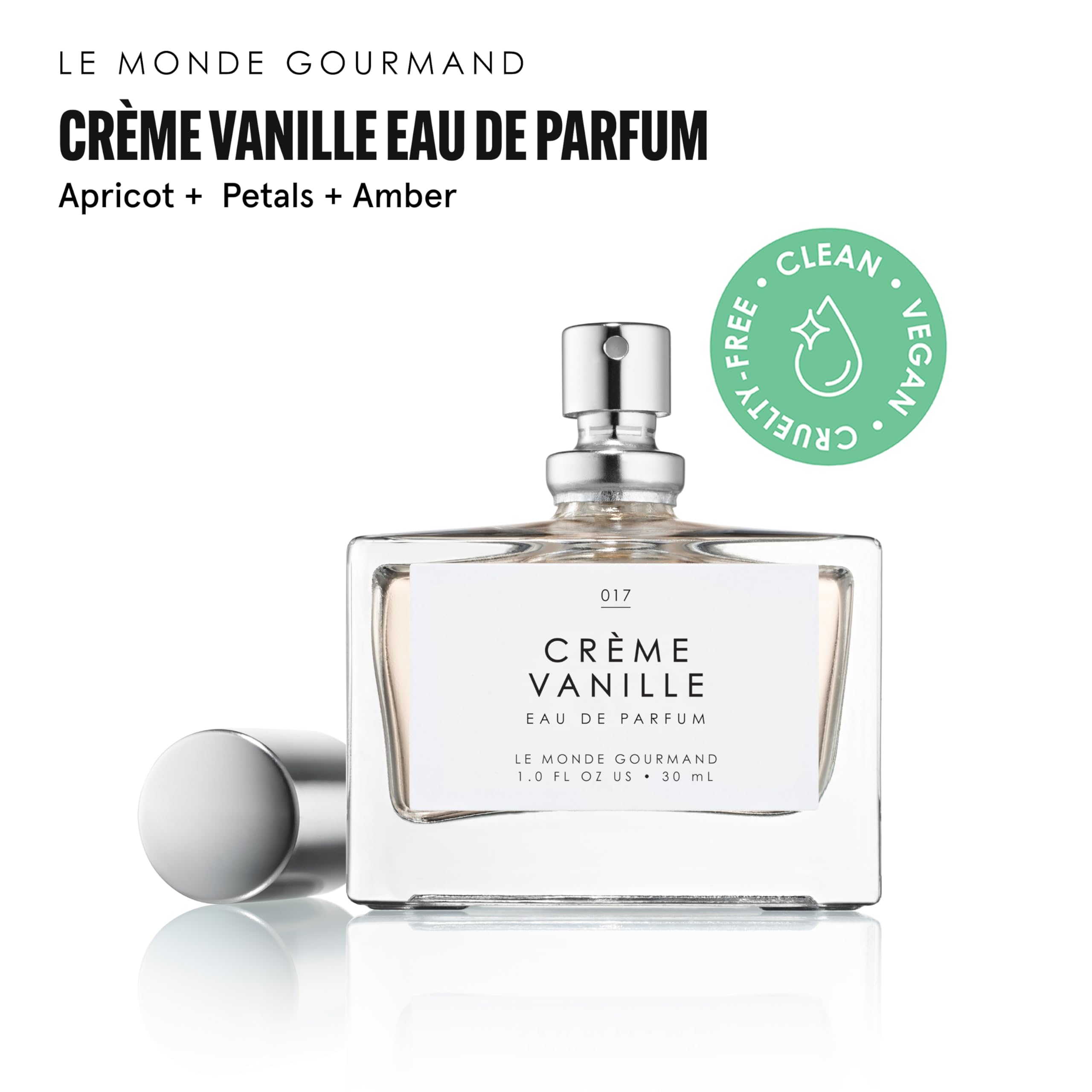 Closeup of Crème Vanille bottle label highlighting vegan and cruelty-free credentials.