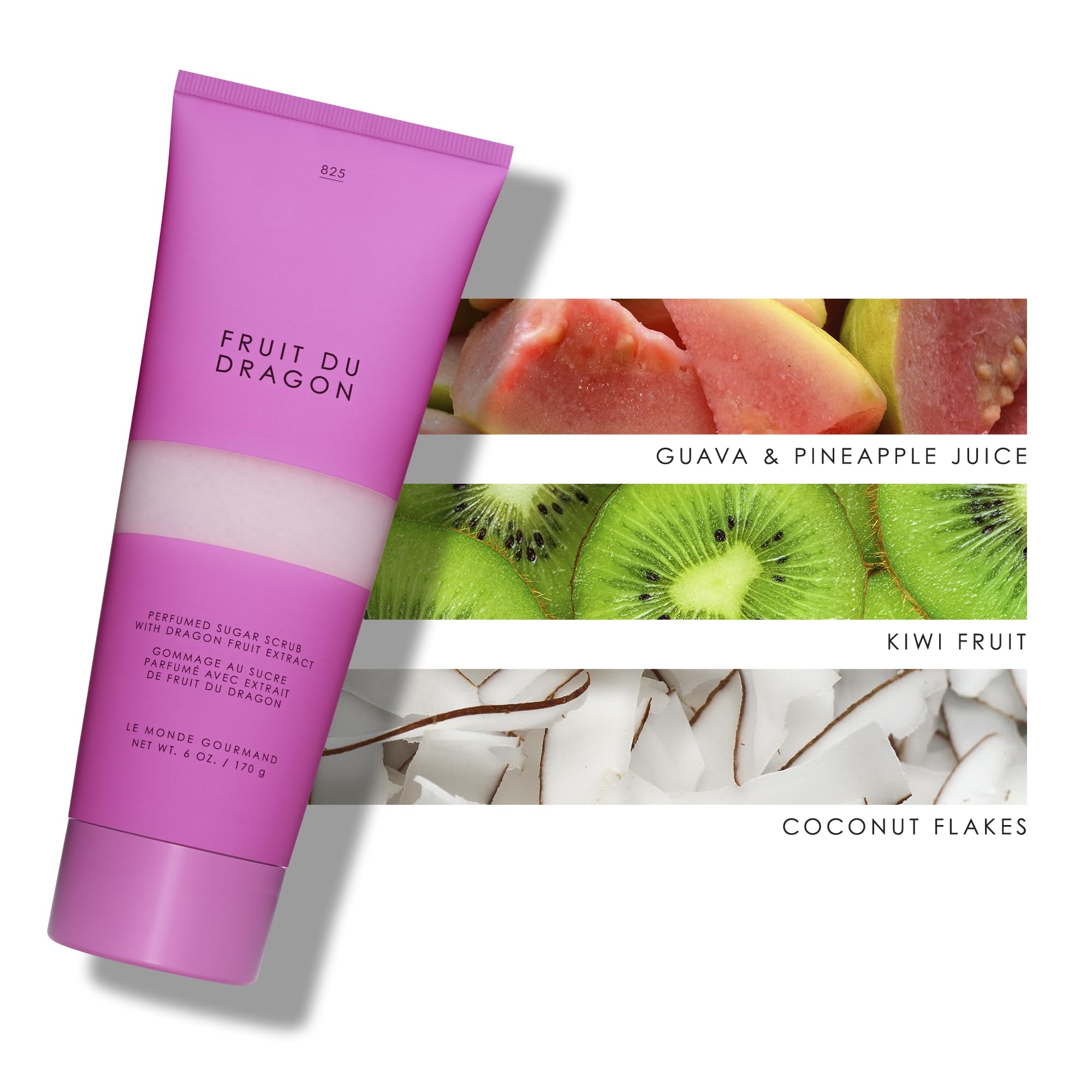 Le Monde Gourmand Fruit du Dragon scrub fruity notes closeup shows vibrant aroma
